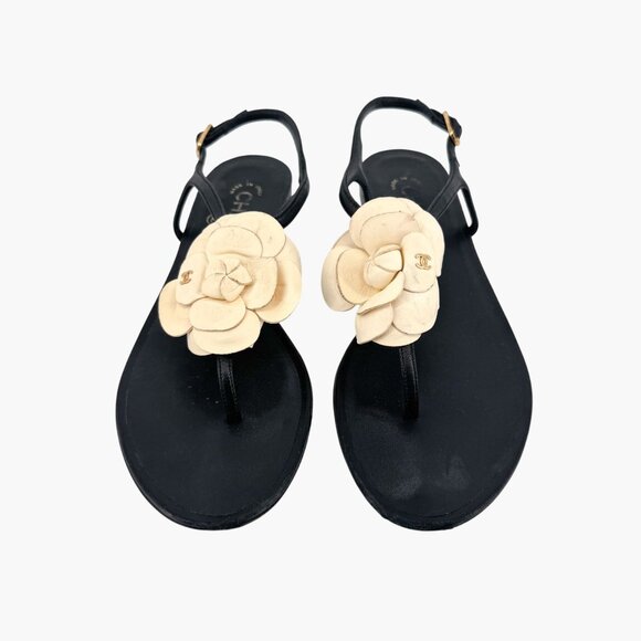 Chanel Camellia Flower CC Sandals Size 37.5C US 6.5-7 Black Leather Flat T-Strap - Picture 2 of 14